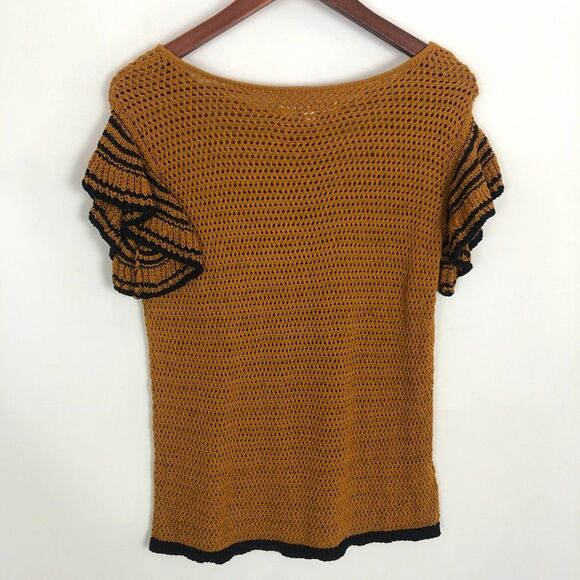 Loft Ann Taylor Mustard Black Open Knit Short Sleeve Sweater Top - Picture 5 of 5